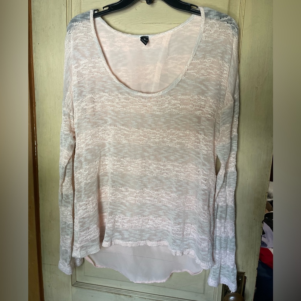 Windsor Sheer Mesh Split/Open Back High Low Striped Long Sleeve Top